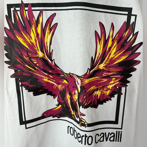 Roberto Cavalli White Tee with reddish and Yellow Eagle Graphic - Picture 6 of 10